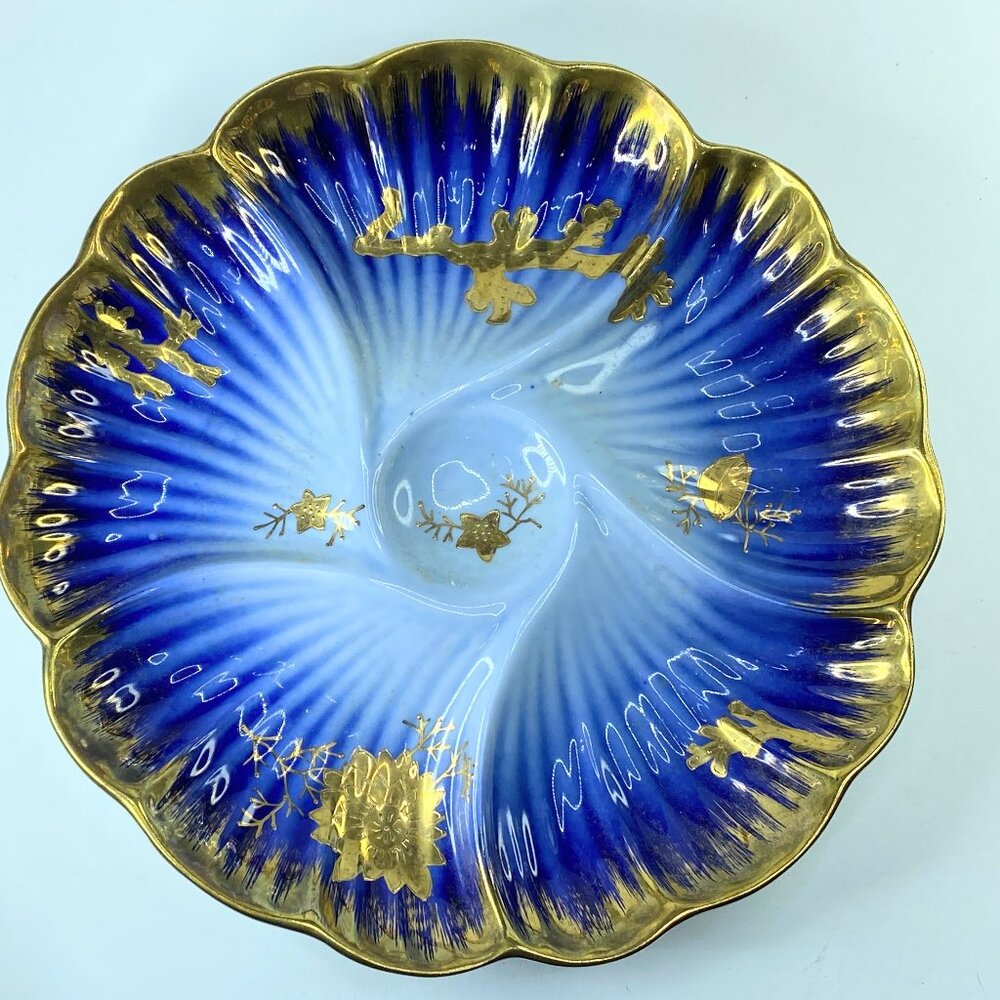 Limoges Vivid Cobalt Blue Ombre Wash Rich Textural Gilding Depicts Sea Life A404